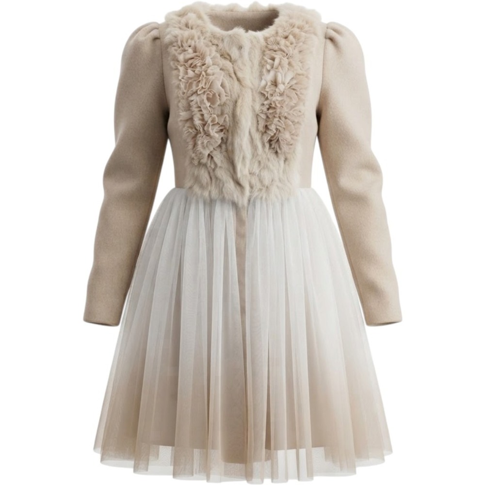 Ryu Beige Rabbit Hair Trim Tulle Skirt Fit and Flare Coat RJ4415-F11 Womens M
